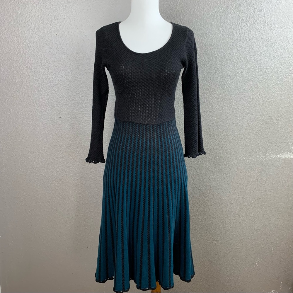 French Connection Black Top with Teal Knit Skirt Long Sleeve Dress